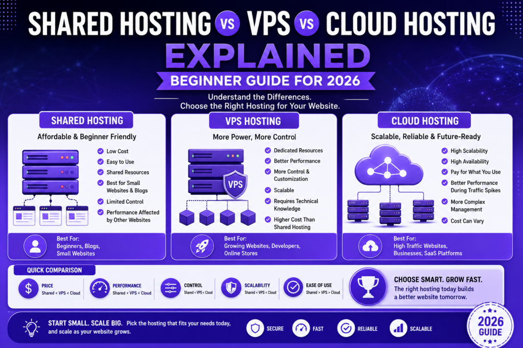 Shared Hosting vs VPS vs Cloud Hosting Explained (Beginner Guide for 2026)